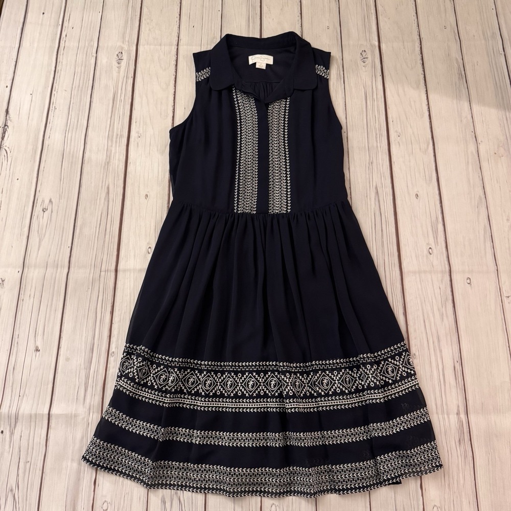 Jessica Simpson Dress Women 6 Navy Embroidered Sleeveless Boho Fit‎ Flare